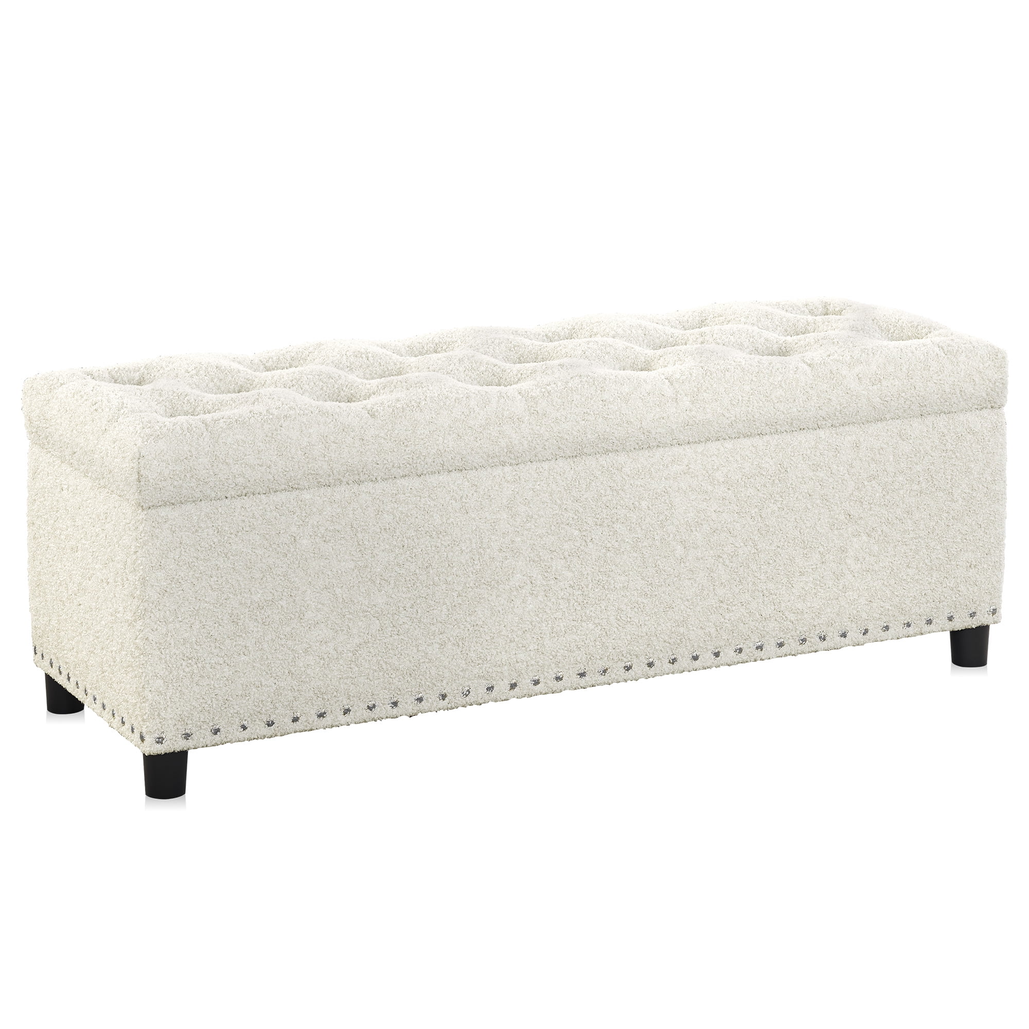 White Tufted Polyester Storage Footstool with Nailhead Trim
