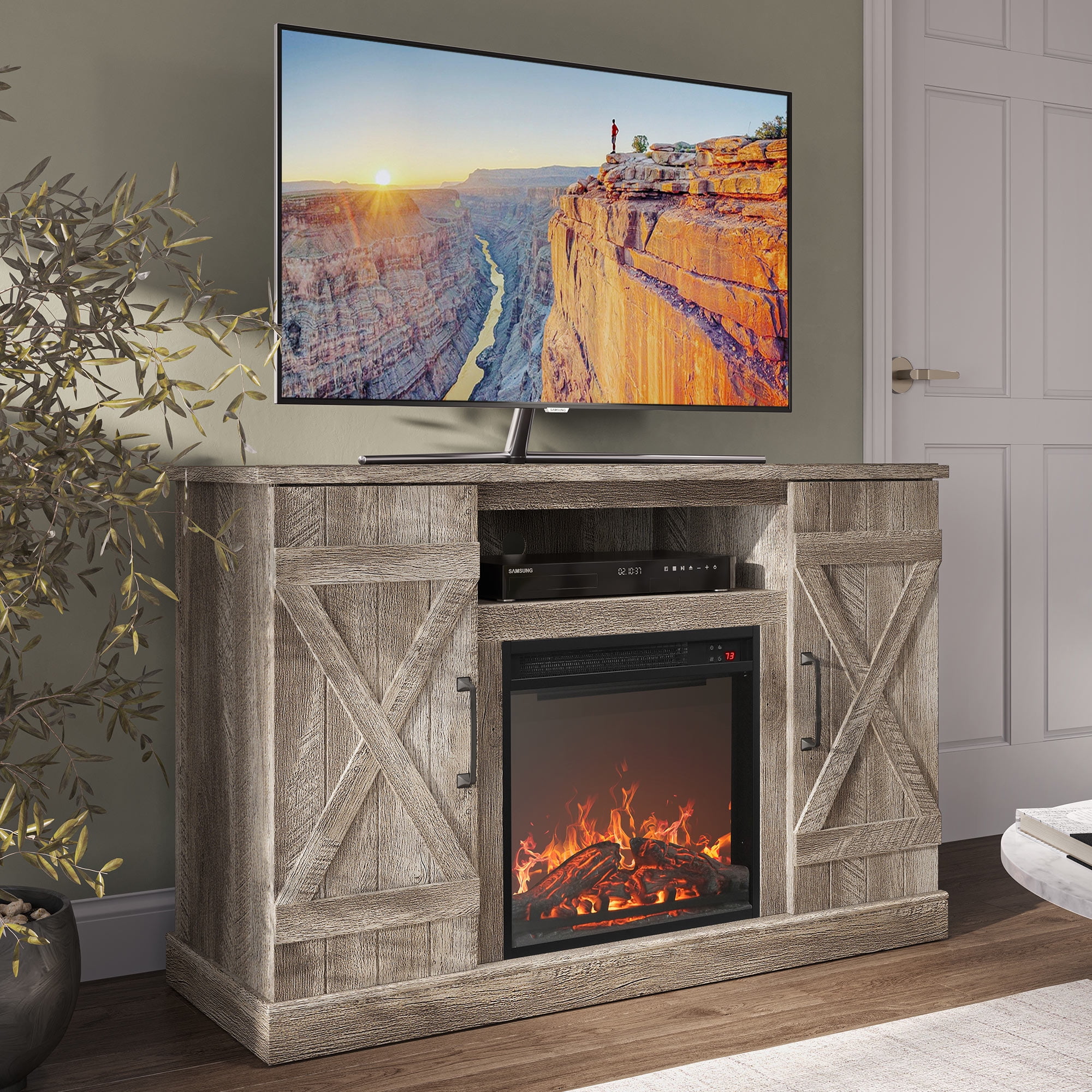 BELLEZE 47" Rustic TV Stand Entertainment Center For TVs up to 50" with 18" Fireplace - Veropeso (Ashland Pine)