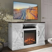 BELLEZE 47" TV Stand with 18" Electric Fireplace, Barn Door TV Stand for TVs up to 50", Modern Farmhouse Media Console with Storage Shelf and Cabinets - Veropeso White