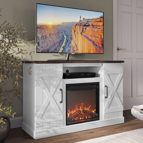 BELLEZE 47" TV Stand with 18" Electric Fireplace, Barn Door TV Stand for TVs up to 50", Modern Farmhouse Media Console with Storage Shelf and Cabinets - Veropeso (White)