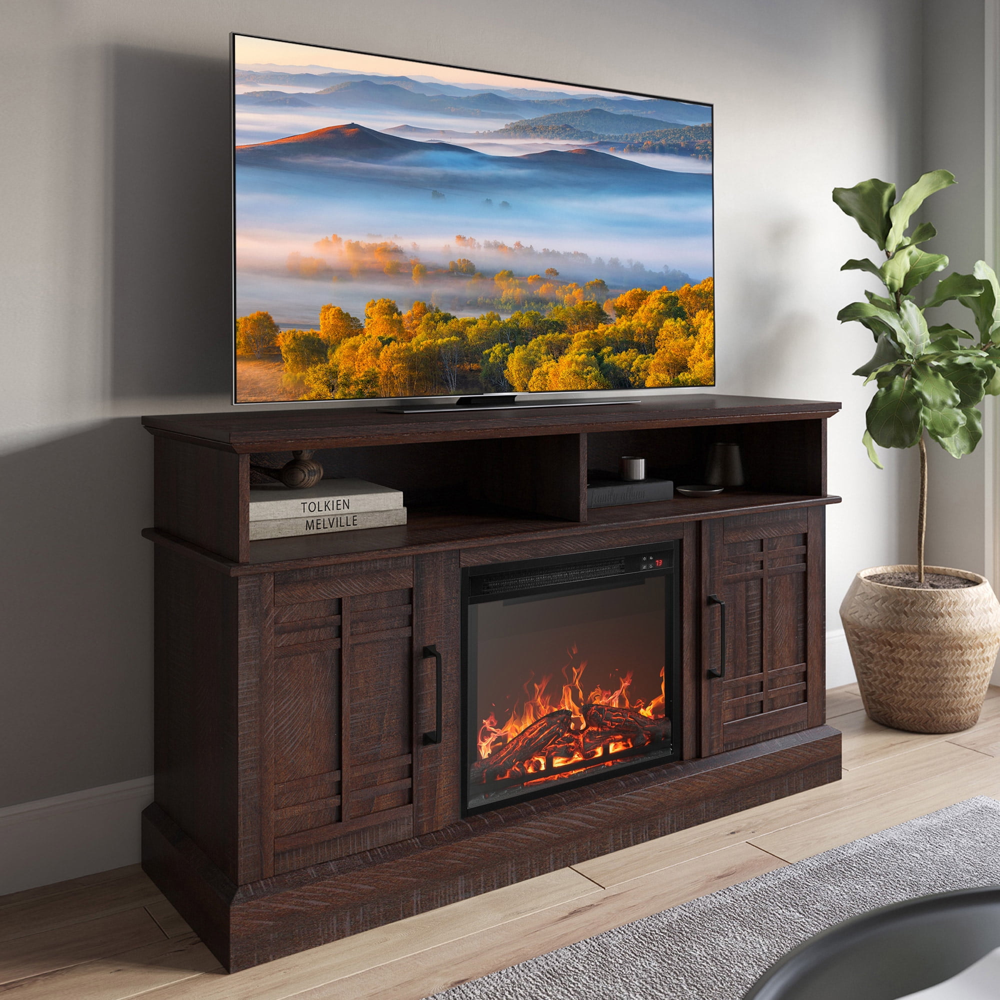BELLEZE 47" TV Stand with 18" Electric Fireplace, Modern Electric Fireplace TV Stand for TVs up to 50", Entertainment Media Stand with Storage - Norrell (Espresso)