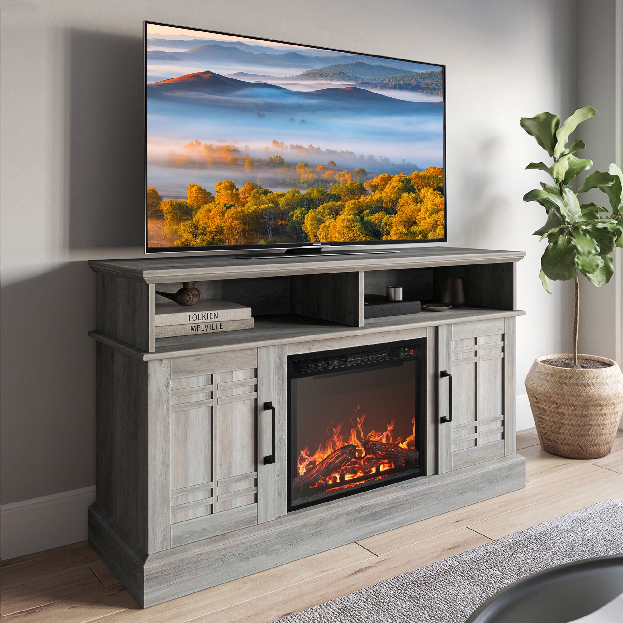 BELLEZE 47" TV Stand with 18" Electric Fireplace, Modern Electric Fireplace TV Stand for TVs up to 50", Entertainment Media Stand with Storage - Norrell (Gray Wash)