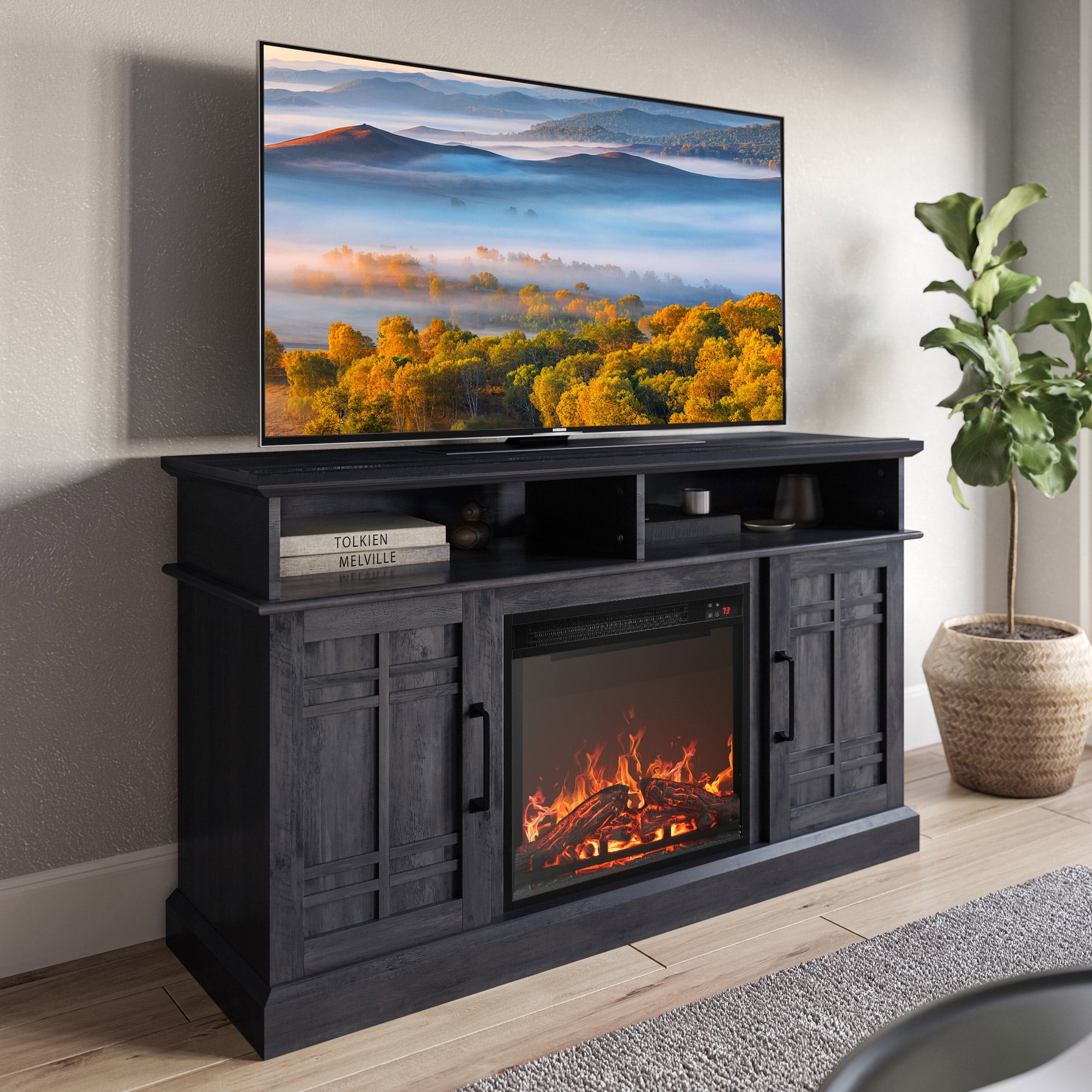 BELLEZE 47" TV Stand with 18" Electric Fireplace, Modern Electric Fireplace TV Stand for TVs up to 50", Entertainment Media Stand with Storage - Norrell (Rustic Grey)