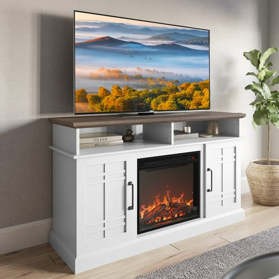 BELLEZE 47" TV Stand with 18" Electric Fireplace, Modern Electric Fireplace TV Stand for TVs up to 50", Entertainment Media Stand with Storage - Norrell (White)