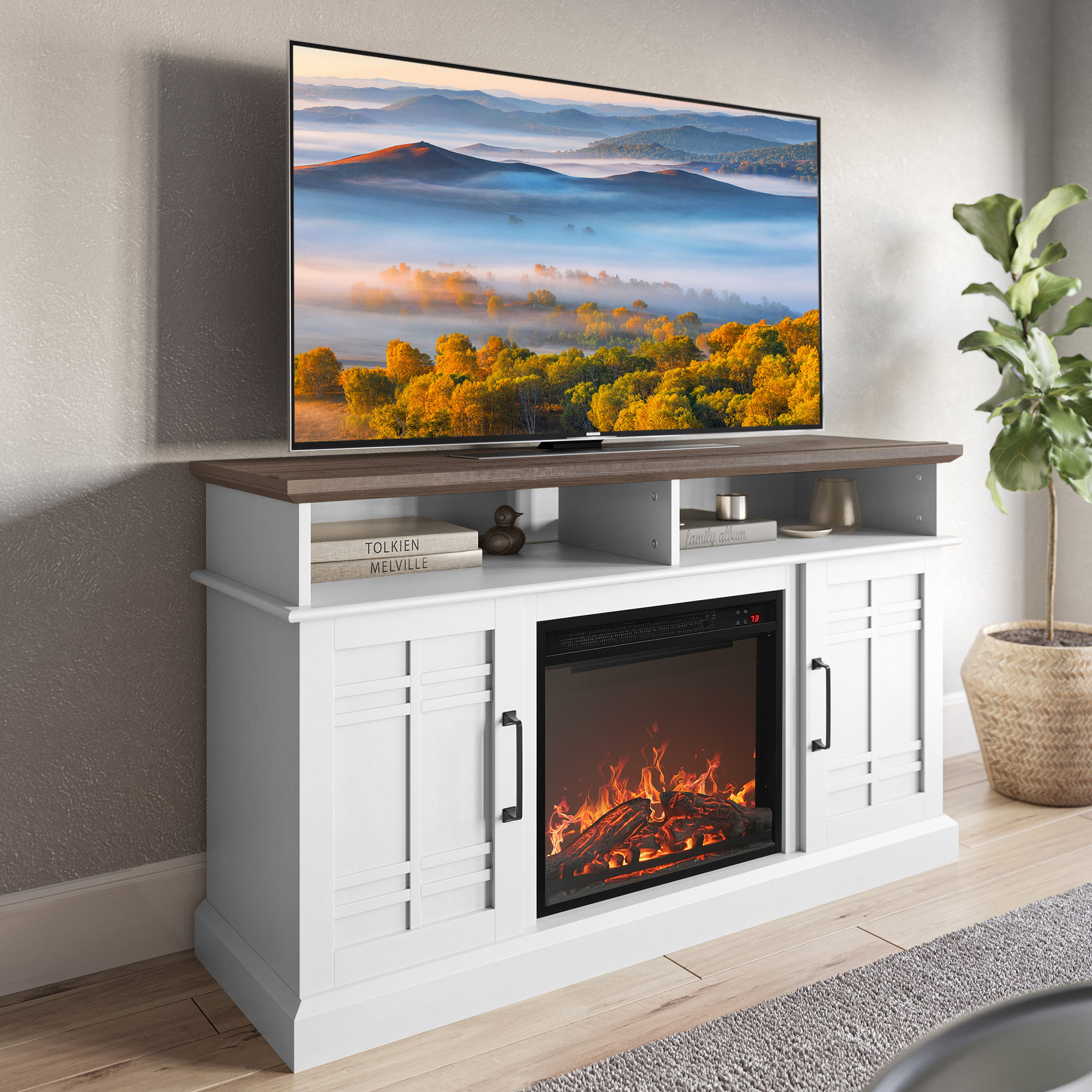 Belleze Modern Tv Stand With Electric Fireplace Fits 50 Tvs Norrell White 9463