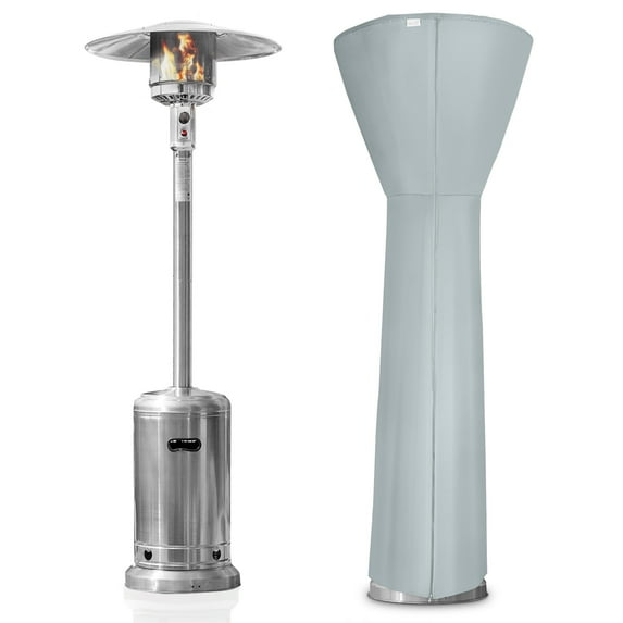 BELLEZE 48,000BTU Patio Stainless Steel Heater Wheel On Base LP Propane Heat CSA Certified, W/ Single-Side Waterproof Grey Heater Cover