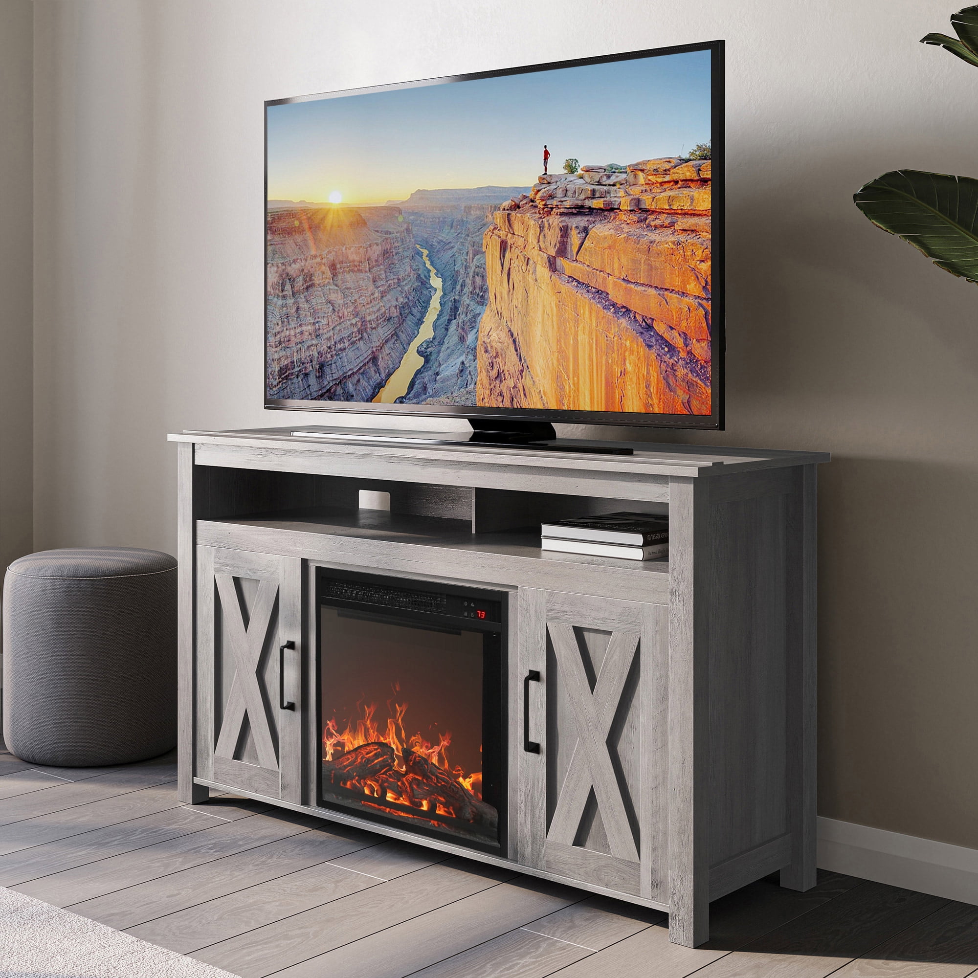 Gray Wash 48" Barn Door TV Stand with Electric Fireplace