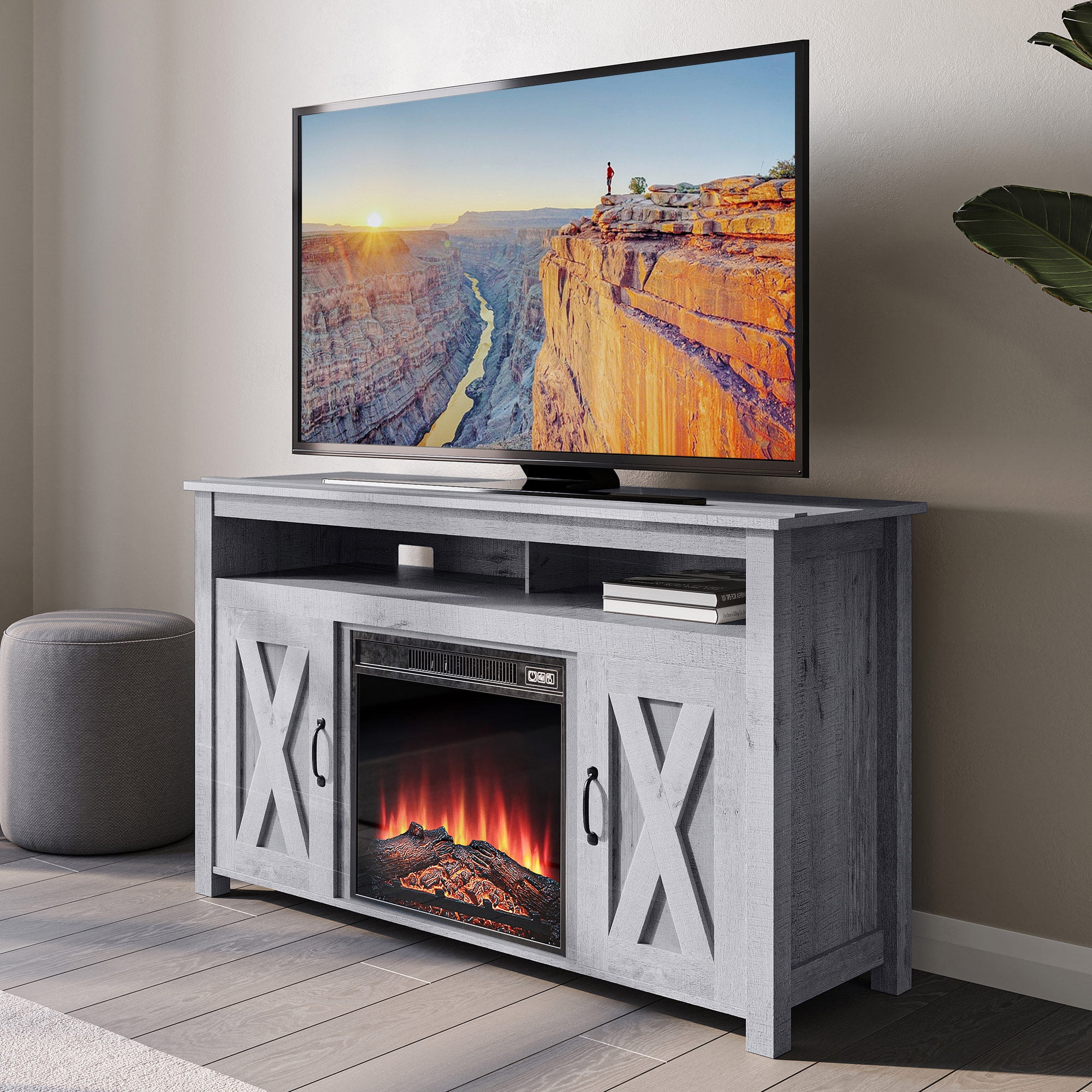 light up tv stand with fireplace