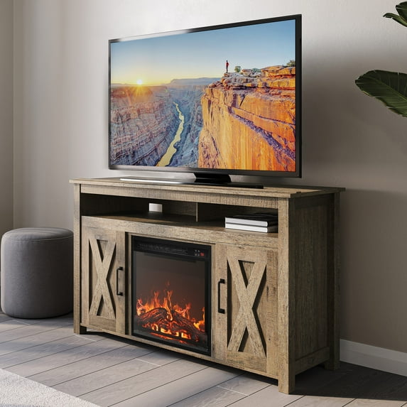 BELLEZE 48" Barn Door TV Stand Media Entertainment Center For TVs up to 50" with 18" Fireplace - Corin (Wood)