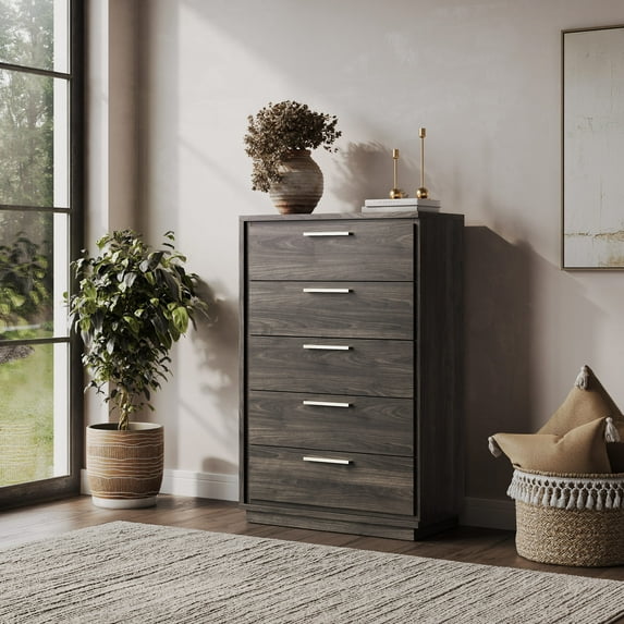 BELLEZE 5 Drawer Dresser for Bedroom and Closet,31.5" Mid-Century Modern Wood Storage Chest of Drawers with Rose Gold Handles,Tall Organizer Cabinet for Living Room Nursery Entryway, Brown
