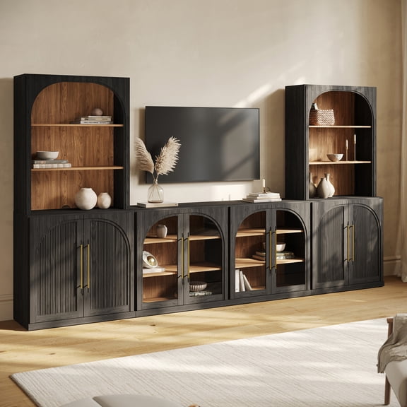 BELLEZE 5-Piece Modular TV Console Set - 1 Buffet Cabinet, 2 Double-Arc Wood Sideboards, 2 Hutch Units, Classic Modern Entertainment Center with Adjustable Shelves for Living Room (Ebony)