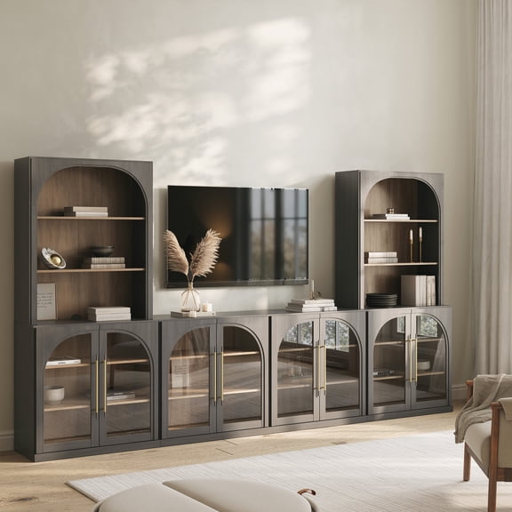 BELLEZE 5-Piece Modular TV Stand & Hutch Set - 2 Arched Glass Door Sideboards, 1 Full Buffet Cabinet, 2 Hutch Storage Units, Classic Modern Entertainment Center For Living Room (Ebony)