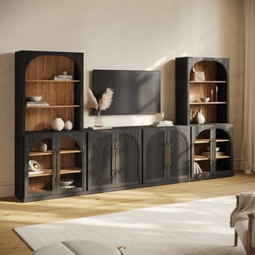 BELLEZE 5-Piece Modular TV Stand Set -1 Full Buffet Cabinet, 2 Sideboards with Arched Glass Doors, 2 Hutch Cabinets, Classic Modern Entertainment Center with Adjustable Shelves for Living Room, Ebony