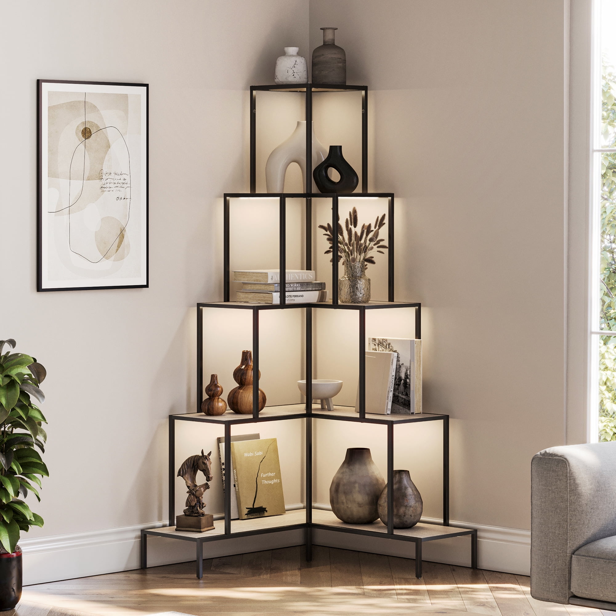 Nature Finish 66" Tall 5-Tier Corner Metal Ladder Bookshelf