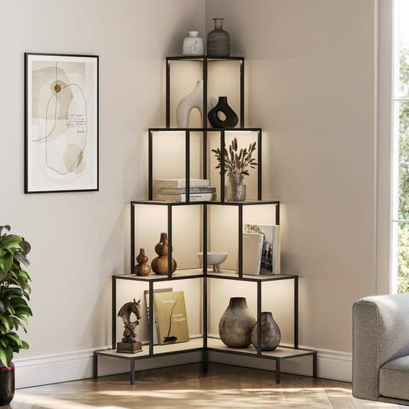 BELLEZE 5-Tier Corner Bookshelf with RGB Light, Remote Control Multiple Lighting Modes and Colors, 66" Tall L-Shaped Bookcase, Storage & Display Rack for Living Room, Courtyard and Home Office -Nature