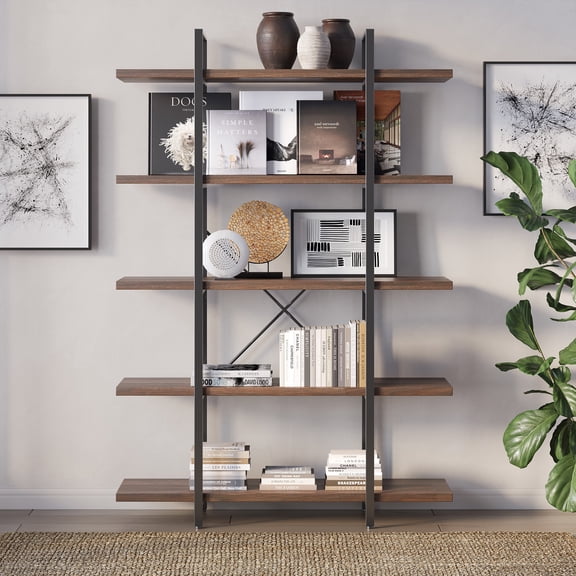 BELLEZE 5 Tier Modern Rustic Industrial Bookshelf - Hazel (Dark Walnut)