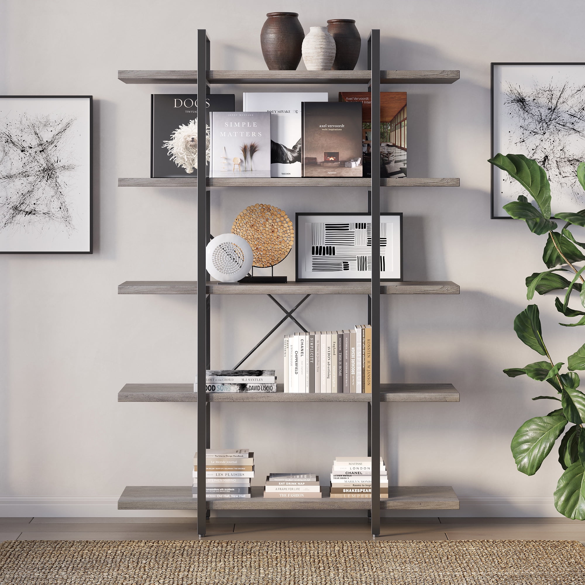 BELLEZE 5 Tier Modern Rustic Industrial Bookshelf - Hazel (Gray Wash)