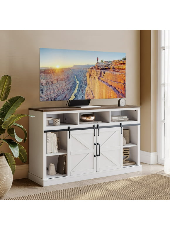 BELLEZE 52" TV Stand for TVs Up to 55", Sliding Barn Door TV Stand with Adjustable Side Shelves, Modern Farmhouse Storage Cabinet Console, Wood Entertainment Center with Storage - Parker (White)