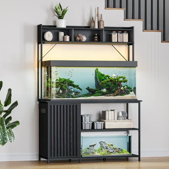 BELLEZE 55-90 Gallon Fish Tank Stand with RGB Light, Aquarium Stand with Power Outlets, Cabinet for Fish Tank Accessories Storage, 20"D x 52"W Tabletop fits Turtle Tank, Reptile Tank, Black Ebony