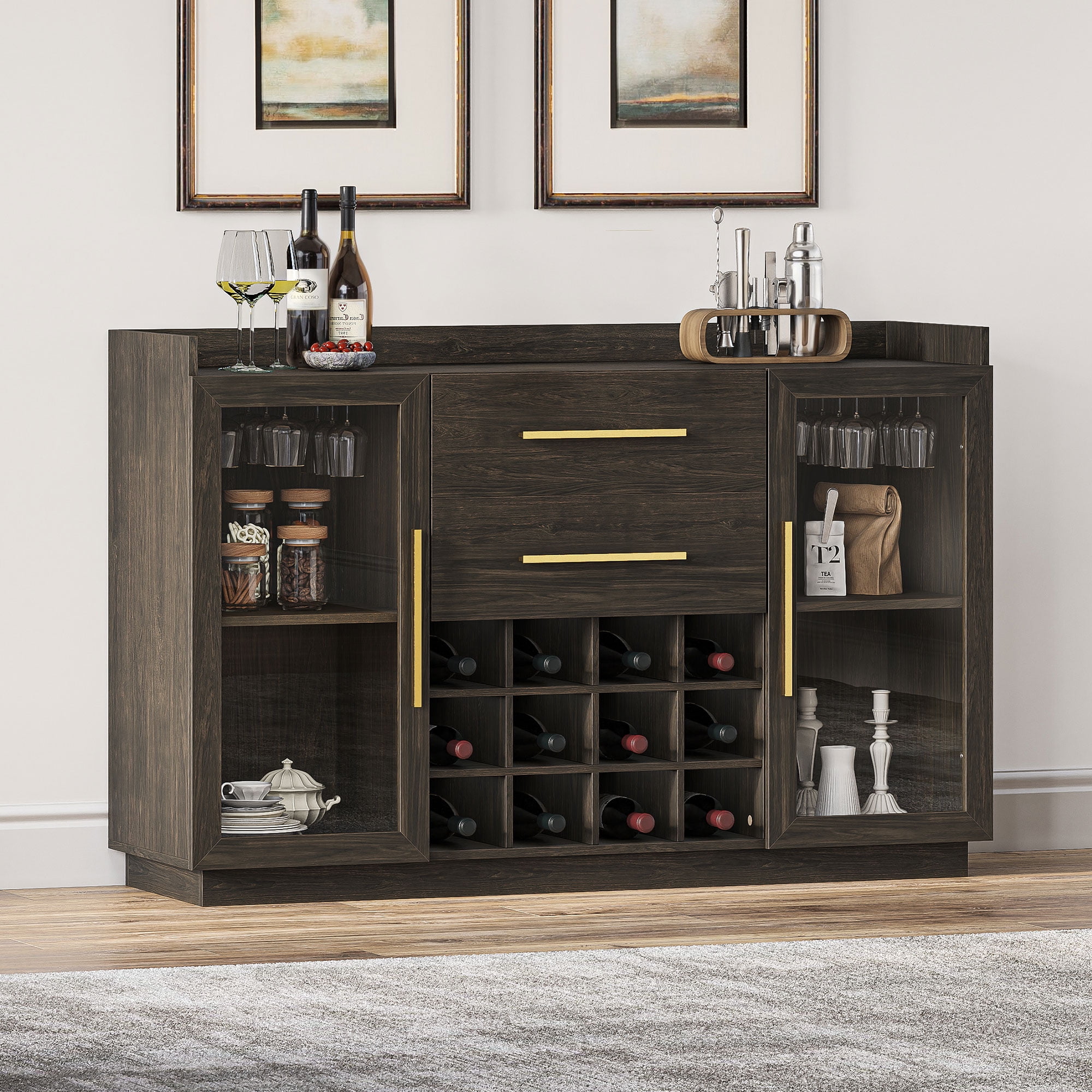 Marcel Dark Brown Wood Wine Cabinet with Glass Doors