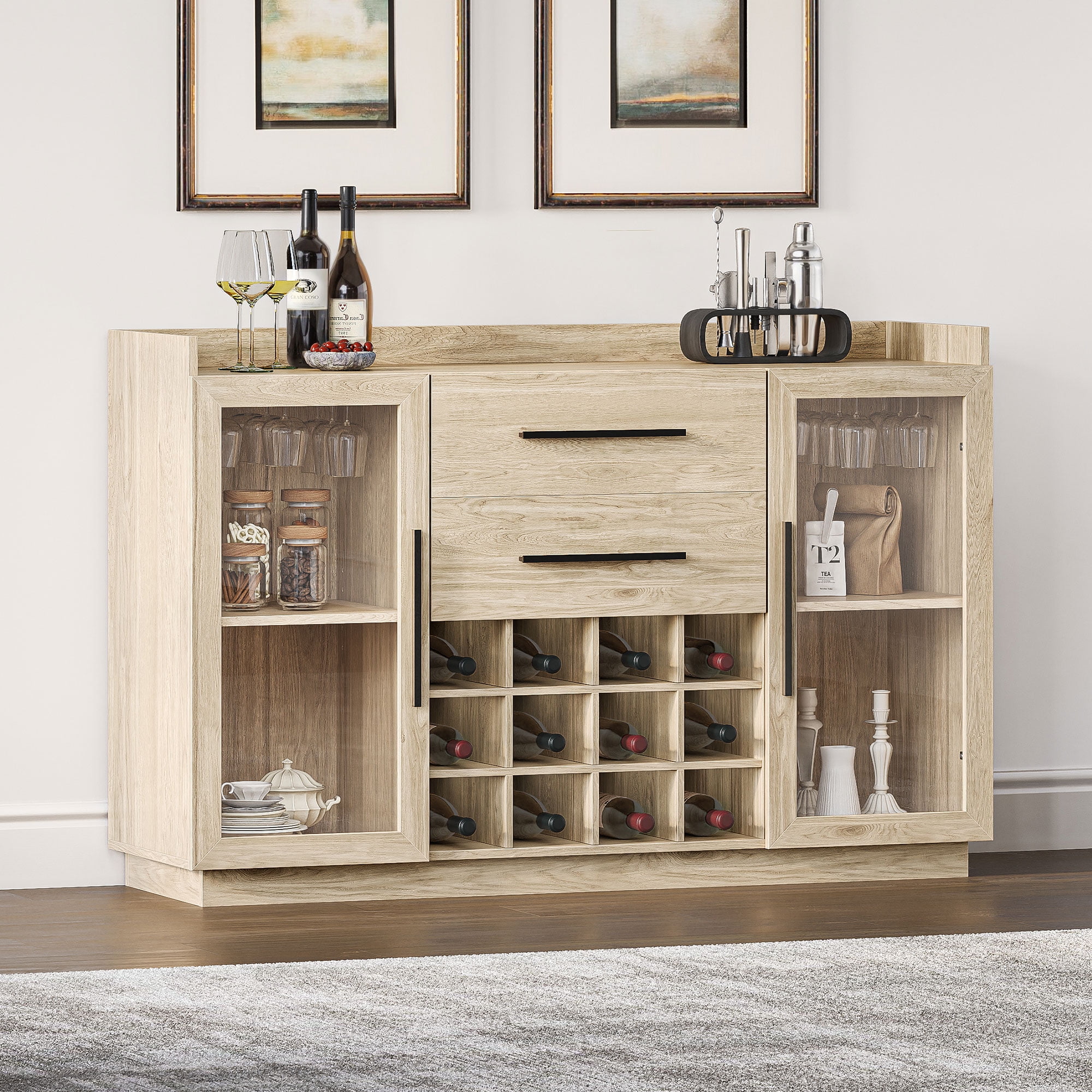 Marcel 55" Light Brown Wood Wine Cabinet with Glass Doors