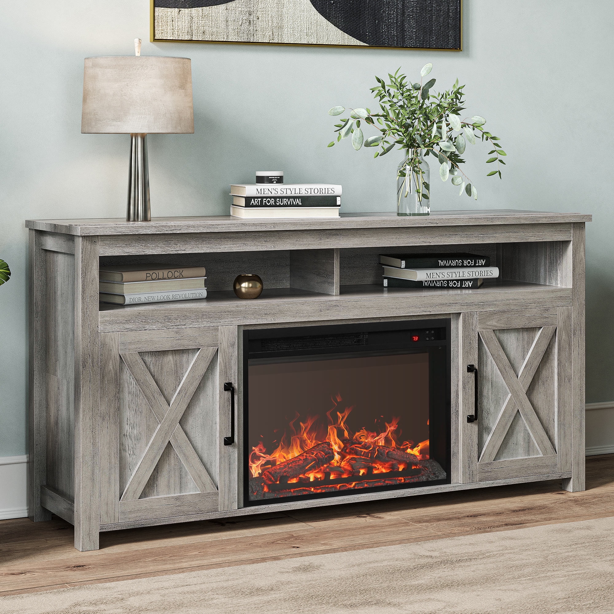 "BELLEZE Modern Farmhouse Console TV Stand with Fireplace Heater for 65