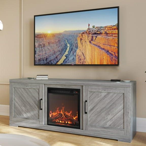 BELLEZE 58" Farmhouse TV Stand Media Entertainment Center For TVs up to 65" with 18" Fireplace - Hilo (Gray Wash)