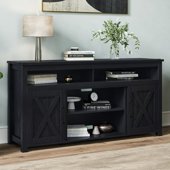 BELLEZE 58 Inch TV Stand, Contemporary Entertainment Center for TVs up to 65", Wood Media Console Table with Two Open Shelves and Barn Door Cabinets - Corin (Rustic Grey)