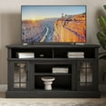 thumbnail image 1 of BELLEZE 58 Inch TV Stand, Rustic Wood Entertainment Center for TVs up to 65",  Contemporary Media Console Table with Two Open Shelves and Glass Door Cabinets - Astorga (Rustic Grey), 1 of 7