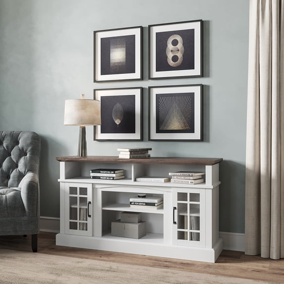 BELLEZE 58 Inch TV Stand, Rustic Wood Entertainment Center for TVs up to 65", Contemporary Media Console Table with Two Open Shelves and Glass Door Cabinets - Astorga (White)