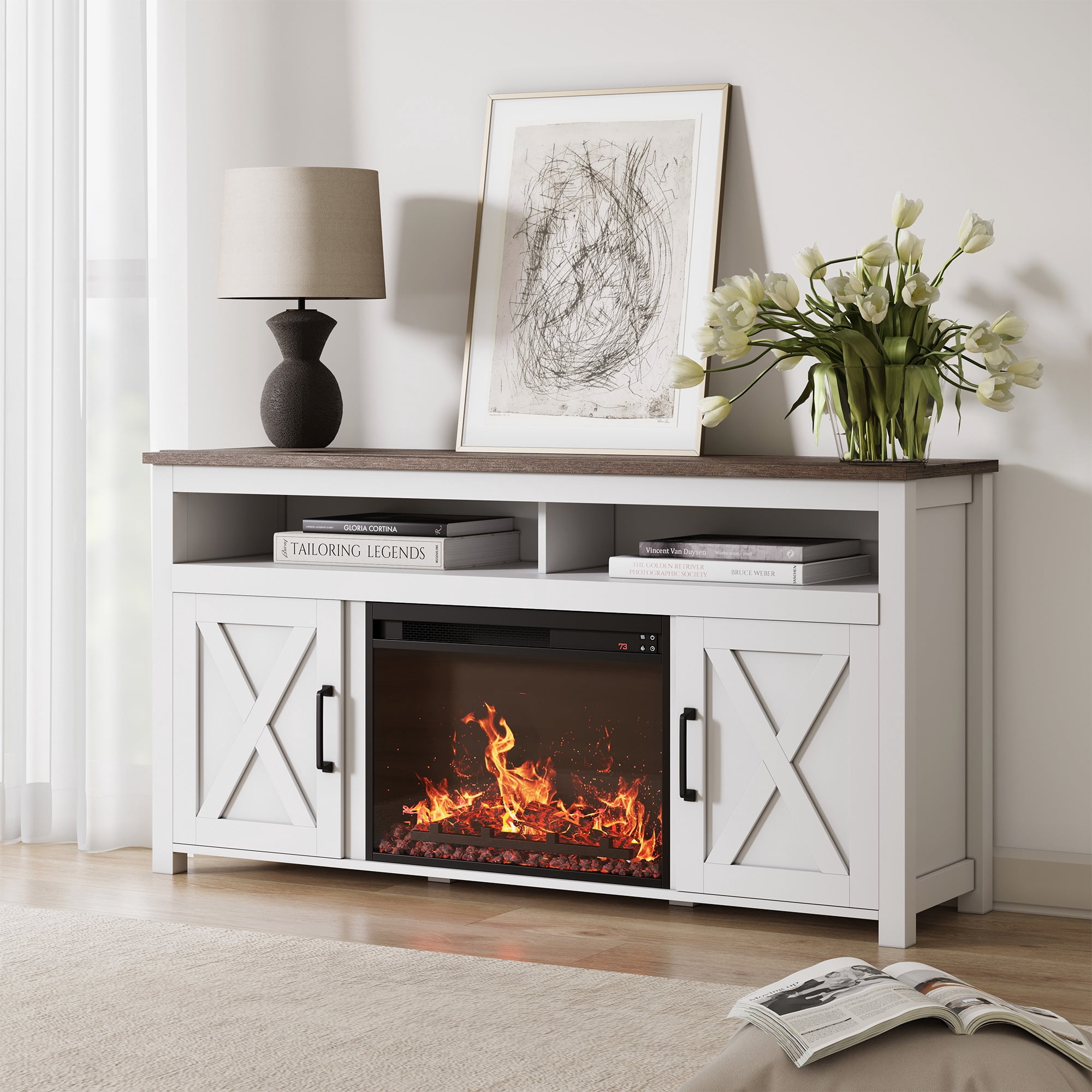BELLEZE 58" TV Stand with 23" Electric Fireplace, Barn Door TV Stand for TVs up to 60", Wood Entertainment Center with Open Shelves and Cabinets - Corin (White)