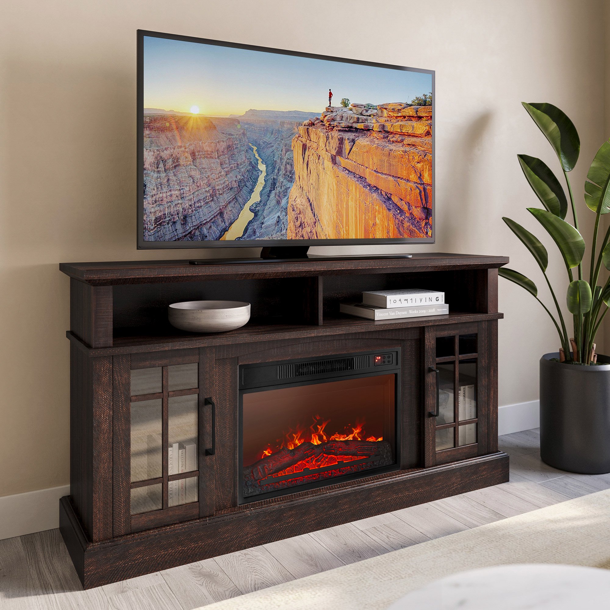 BELLEZE 58 TV Stand with 23 Electric Fireplace, Fireplace TV Console for  TV up to 65 Inch, Home Entertainment Center with Storage Cabinet u0026  Adjustable Shelves - Astorga (Espresso) - Walmart.com