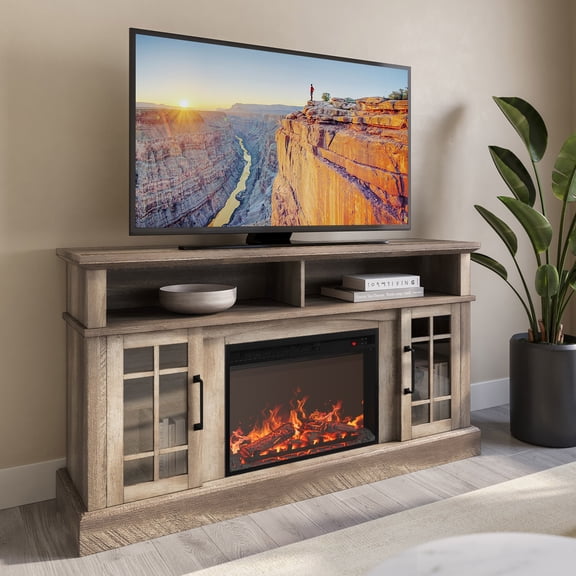 BELLEZE 58" TV Stand with 23" Electric Fireplace, Fireplace TV Console for TVs up to 65", Home Entertainment Center with Storage Cabinet and Adjustable Shelves - Astorga (Ashland Pine)