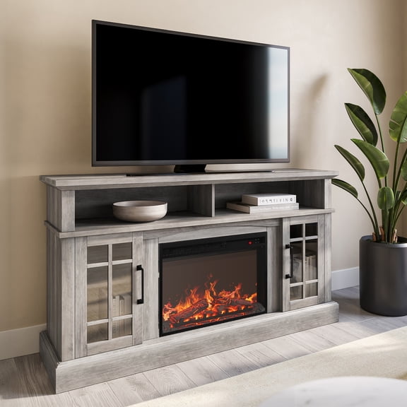 BELLEZE 58" TV Stand with 23" Electric Fireplace, Fireplace TV Console for TVs up to 65", Home Entertainment Center with Storage Cabinet and Adjustable Shelves - Astorga (Gray Wash)