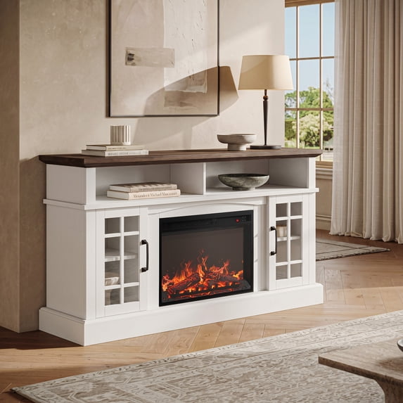 BELLEZE 58" TV Stand with 23" Electric Fireplace, Fireplace TV Console for TVs up to 65", Home Entertainment Center with Storage Cabinet and Adjustable Shelves - Astorga (White)