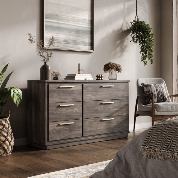 BELLEZE 6 Drawer Dresser for Bedroom and Closet, 54" Mid-Century Modern Wood Chest of Drawers, Wide Storage Organizer Cabinet for Living Room, Hallway, or Apartment, Brown