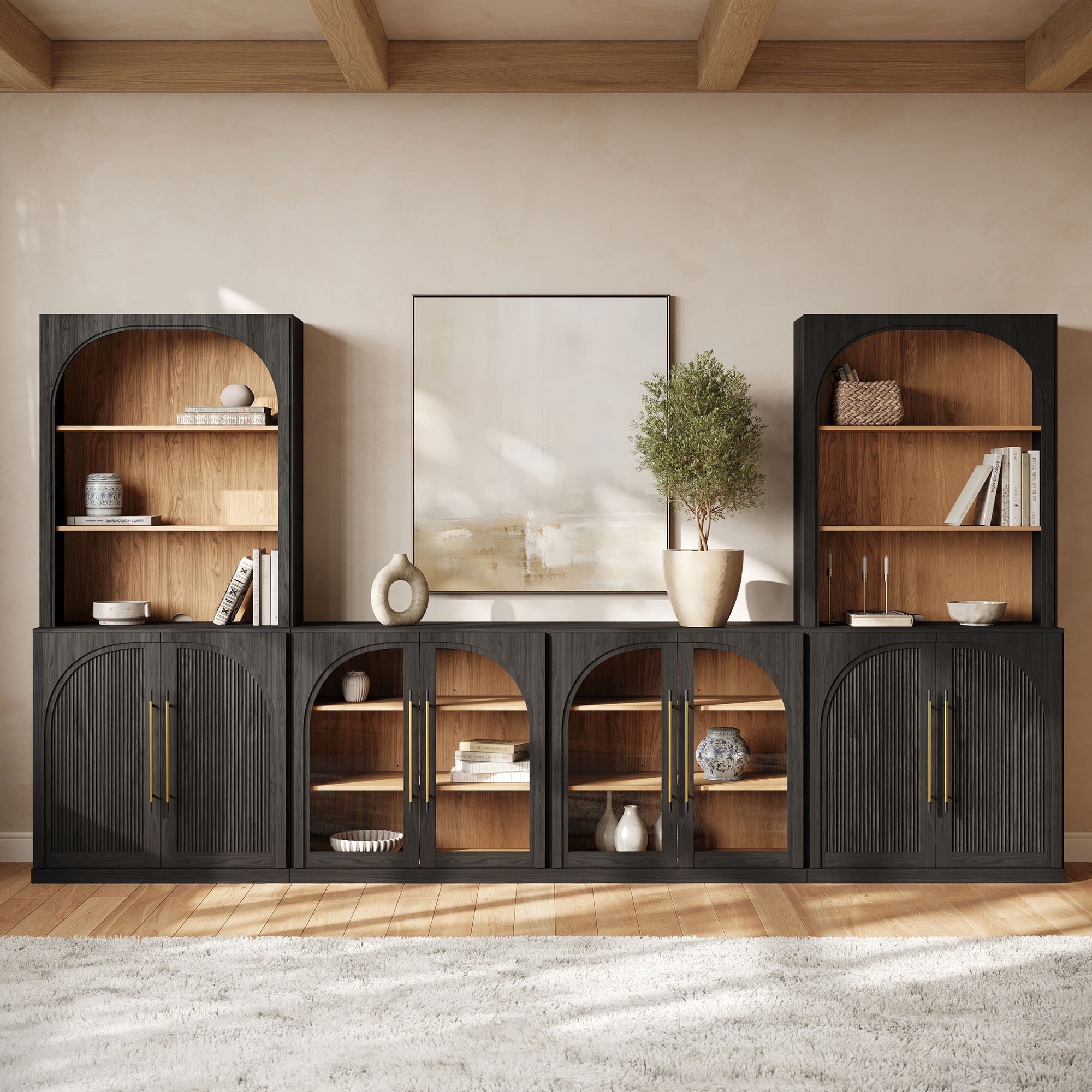 BELLEZE 6-Piece Modular TV Stand with Double-Arc Wood Door