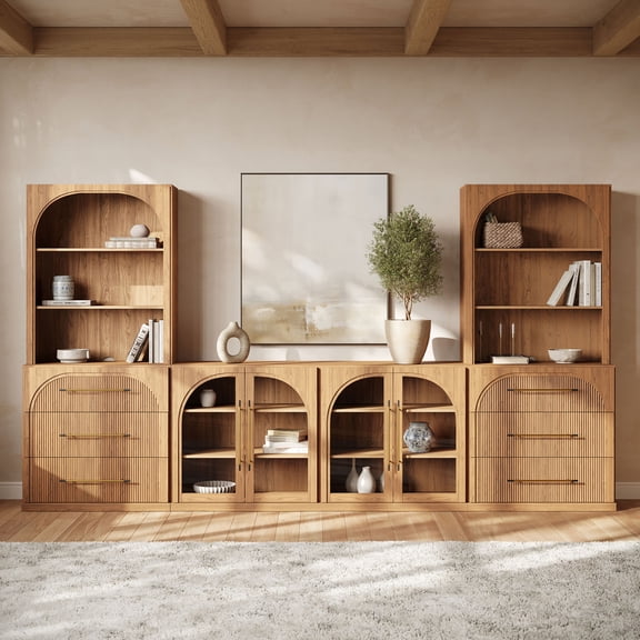 BELLEZE 6-Piece Modular TV Stand Set - 2 Sideboards with Drawers, 2 Arched Glass Door Sideboards, 2 Hutch Cabinets, Classic Modern Media Console with Adjustable Shelves for Living Room (Camel)