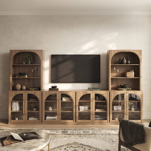 BELLEZE 6-Piece Modular TV Stand Set - 4 Arched Glass Door Entertainment Center & 2 Hutch Storage Units, Classic Modern Large Media Console with Adjustable Shelves for Living Room Family Room, Camel
