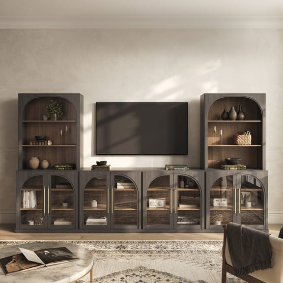 BELLEZE 6-Piece Modular TV Stand Set - 4 Arched Glass Door Entertainment Center & 2 Hutch Storage Units, Classic Modern Large Media Console with Adjustable Shelves for Living Room Family Room, Ebony