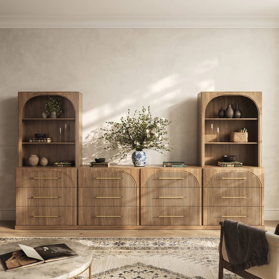 BELLEZE 6-Piece Modular TV Stand Set - 4 Sideboards with Drawers and 2 Storage Hutch, Classic Modern Media Console Table Cabinet with Adjustable Shelves for Living Room (Camel)