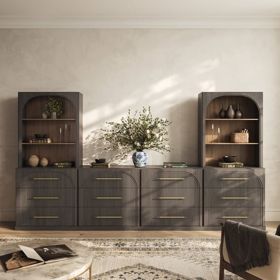 BELLEZE 6-Piece Modular TV Stand Set - 4 Sideboards with Drawers and 2 Storage Hutch, Classic Modern Media Console Table Cabinet with Adjustable Shelves for Living Room (Ebony)
