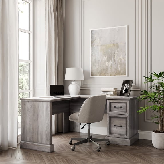 BELLEZE 60" L Shaped Home Office Desk with Storage Drawers - Kernville (Gray Wash)