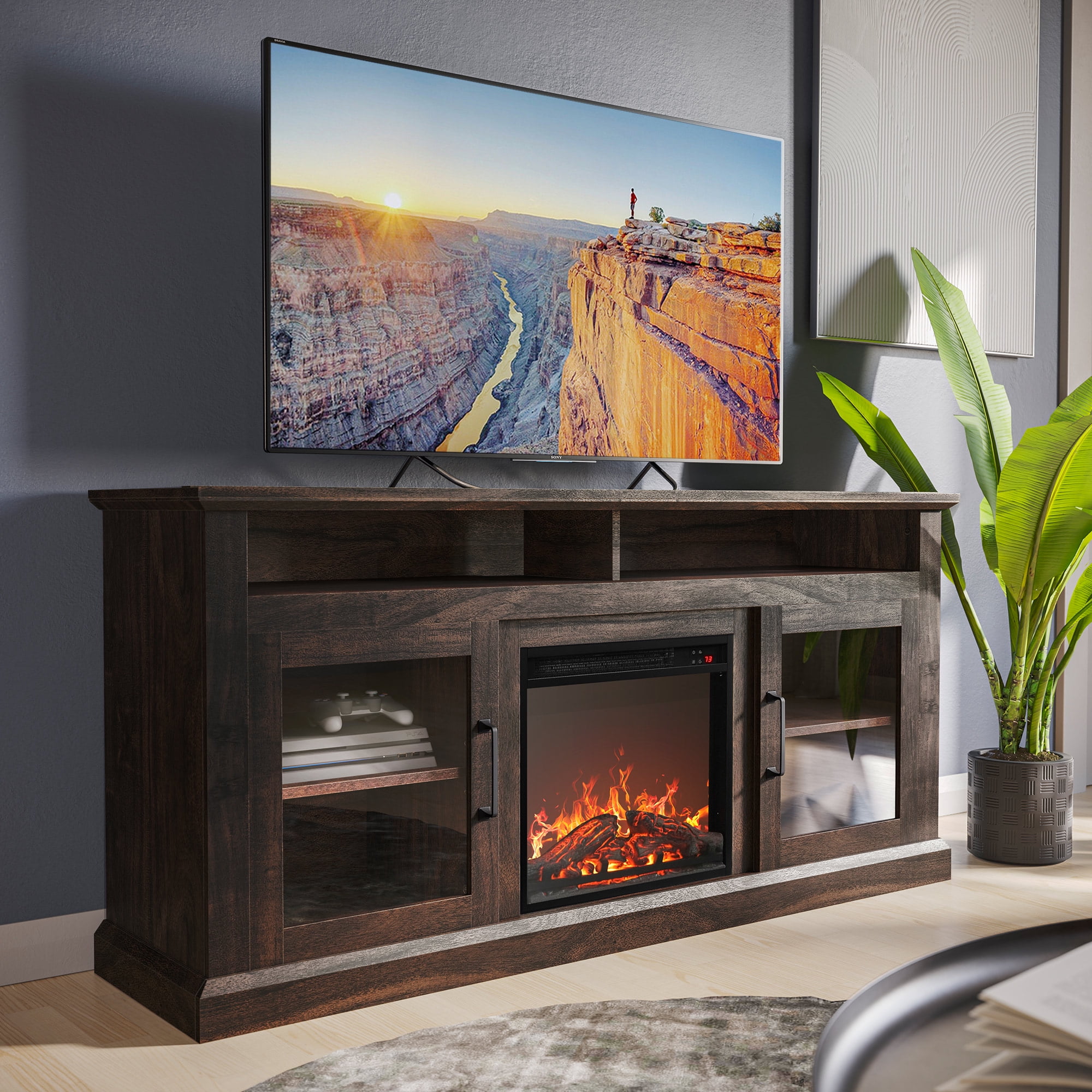 Brown MDF 60" TV Stand with Electric Fireplace and Glass Cabinets