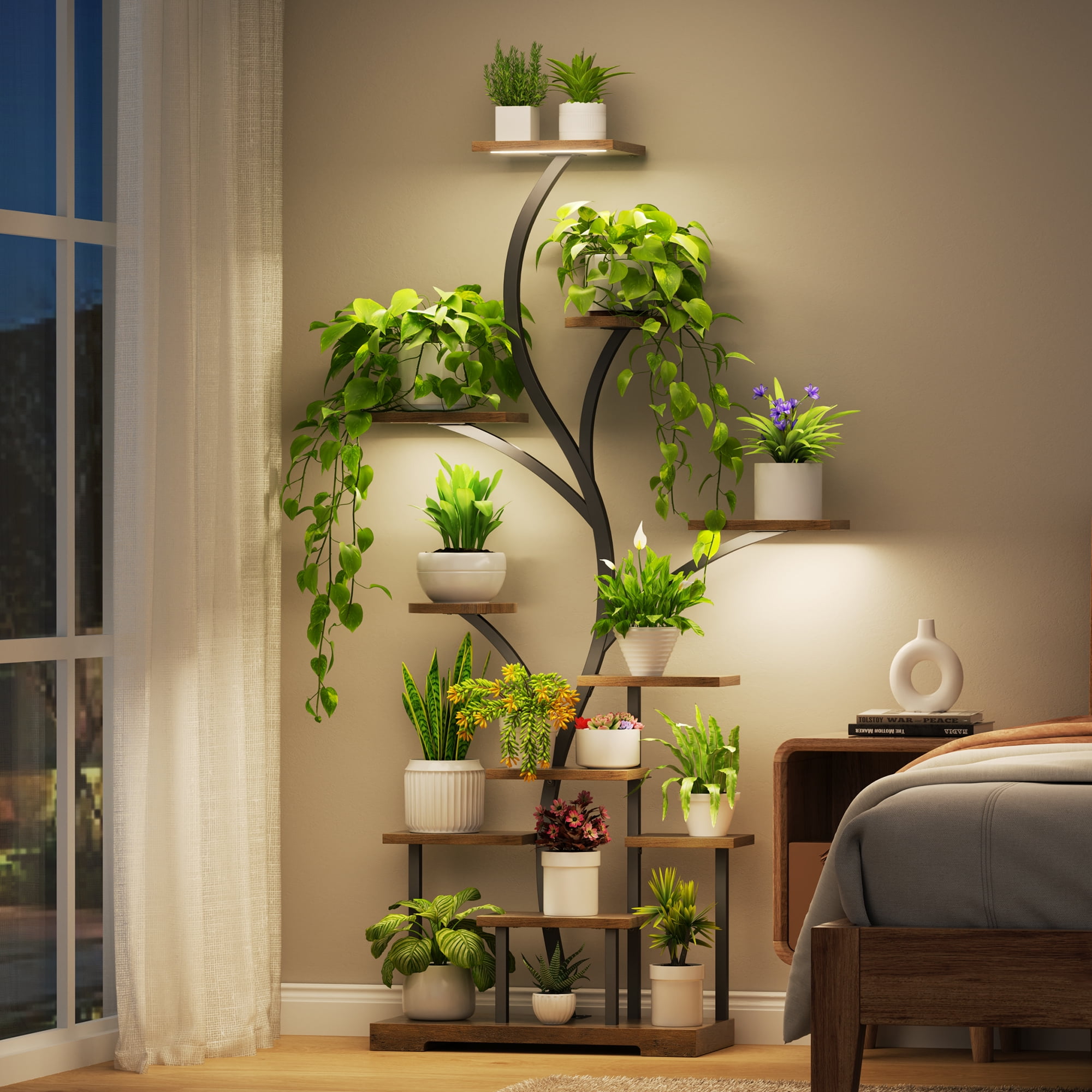 Belleze 63" Brown Metal and Wood 11-Tier Plant Stand with LED Grow Lights