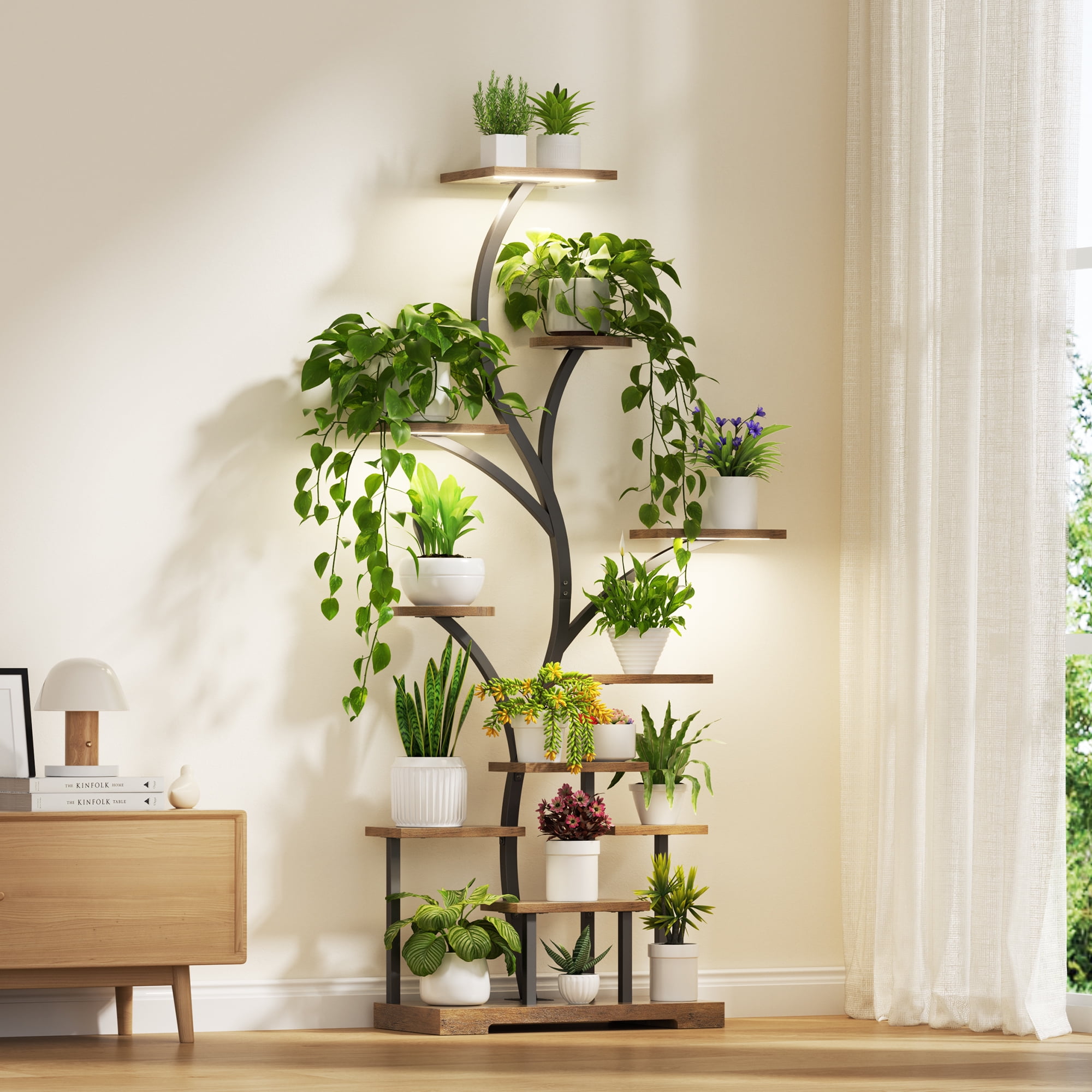 Belleze 63" Brown Metal and Wood 11-Tier Plant Stand with LED Grow Lights