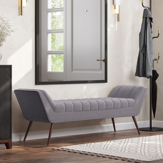 BELLEZE 63 Inch Button Tufted Linen Upholstered Ottoman Bench with Armrests Modern Design Accent Furniture for Entryway Living Room and Bedroom - Moreno (Grey)