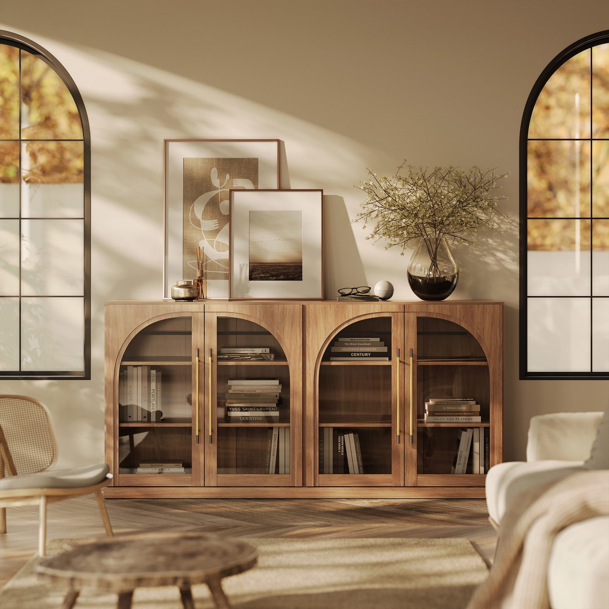 BELLEZE 65" Arched Sideboard with Glass Door, Accent Buffet Cabinet with Storage and Adjustable Shelves, Classic Modern Large Console Table For Dining Room Living Room Entryway (Camel)