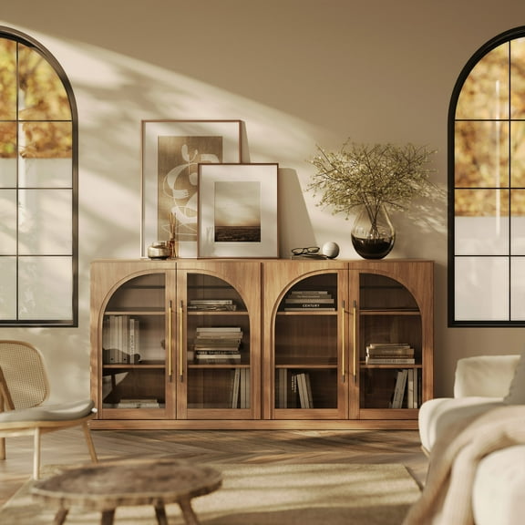 BELLEZE 65" Arched Sideboard with Glass Door, Accent Buffet Cabinet with Storage and Adjustable Shelves, Classic Modern Large Console Table For Dining Room Living Room Entryway (Camel)