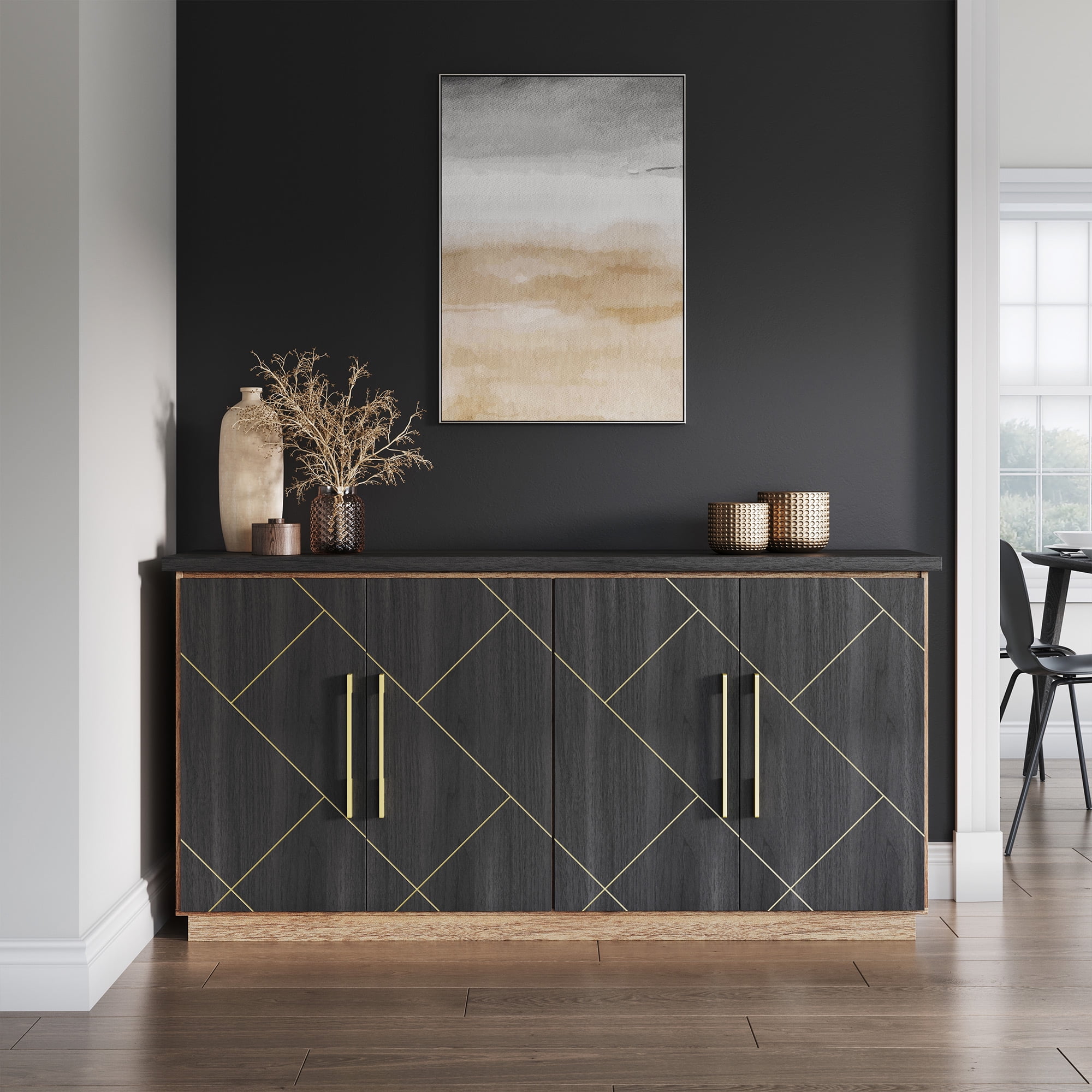 Espresso Black 65-Inch Sideboard Cabinet with Gold Trim and Decorative Doors